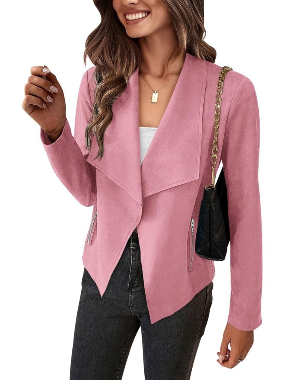 Women's Pink Faux Suede Open Front Waterfall Collar Long Sleeve Draped Jacket